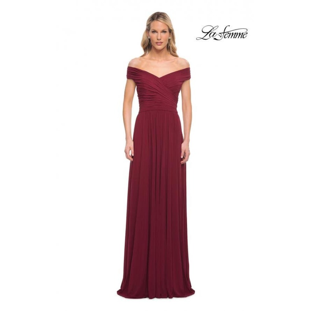 La Femme Off The Shoulder Ruched Jersey Column Gown Wine Red Size 12 NWOT
